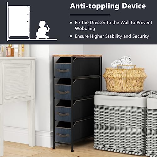 Multigot Slim Chest of Drawers, Folding Fabric Drawer Dresser with 4 Removable Drawers & Wooden Top, Narrow Storage Tower Unit for Bedroom, Livin