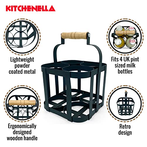 Milk Bottle Holder Doorstep in Black Metal with Wooden Handle - Carrier Fits 4 Standard Pint Sized UK Milk Bottles Vintage Retro Traditional Desi