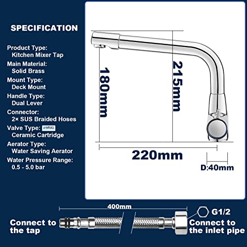 Kitchen Tap, BATHWEST Kitchen Mixer Tap with Swivel Spout, Dual Lever Knob Chromed Brass Modern Kitchen Sink Tap with UK Standard Fittings