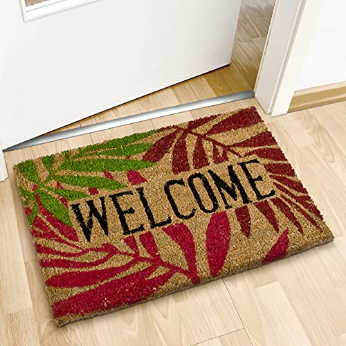 Relaxdays Coconut Fibre PALM LEAVES Doormat 40 x 60 cm Coir Welcome Mat with No-Slip Rubber PVC Underside, Multicolour