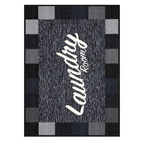 Ottomanson Laundry Collection Checkered Border Rubberback Mat, 67 cm x 90 cm, Black