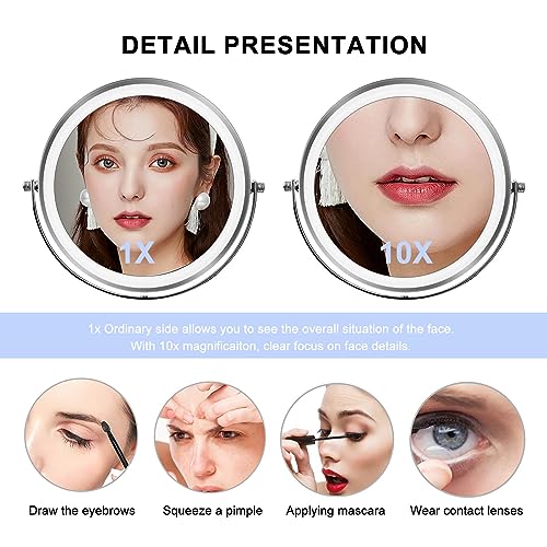Mokoze Lighted Makeup Mirror, Rechargeable Stand Up Mirror, 8" Double Sided 1X/10X Magnification with 3 Color Lights 360 ° Rotating Touch Control
