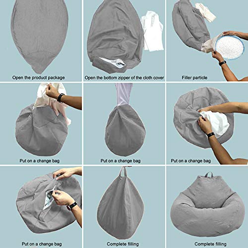 Dandelionsky NO Filling Classic Bean Bag Chair Sofa Cover, Lazy Lounger Large Bean Bag Storage Chair Cover for Adults and Kids,Grey - 100x120cm