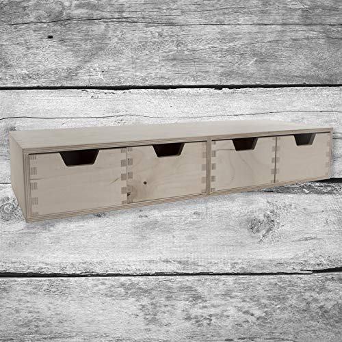 WooDeeDoo Horizontal Desk Organiser | 56 x 20 x 10 cm | Mini Wooden Chest 4 Drawers | Shallow Storage Cupboard Cabinet Unit Trinket Box | Unpaint