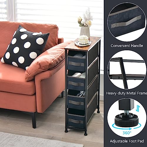 Multigot Slim Chest of Drawers, Folding Fabric Drawer Dresser with 4 Removable Drawers & Wooden Top, Narrow Storage Tower Unit for Bedroom, Livin