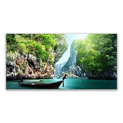 Tulup Glass Splashback for Kitchen - 55.1 in x 27.6 in / 140x70 cm - Cooker Wall Protection Tempered Glass - Mountain Water Boat Nature