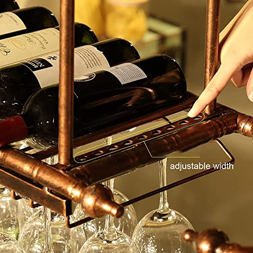 EYLINK Rustic Wine Bottles Holder, With Hanging Stemware Glasses Holder-Wall Mounted Metal Floating Shelf -Vintage Wine Storage Ceiling Wine Rack
