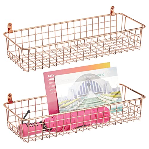 mDesign Set of 2 Hanging Storage Baskets – Wall-Mounted Metal Wire Basket – Multi-Purpose Organiser Tray for Household Items – Black