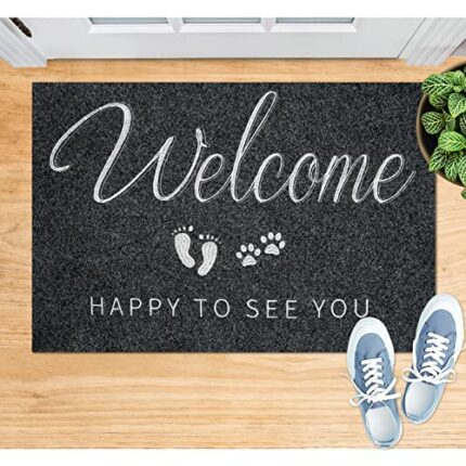 Brmeday Personalised Doormat with Stitched Words Welcome Happy to See You, Washable and Non-Slip Dirt Trapper Mat, Indoor/Outdoor Front Door, Thi