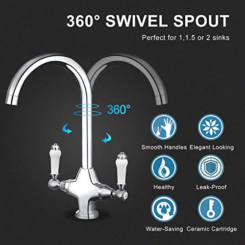 Funime Traditional Kitchen Sink Mixer Tap Elegant Ceramic Dual Lever Monobloc Swivel Spout Chrome, Classic