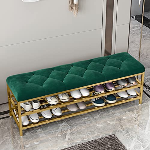 Metal Entrance Shoe Rack,Large Capacity Luxury Upholstered Shoe Storage Bench with Velvet Seat,Modern Shoe Bench for Hallway Accent Furniture-Gre