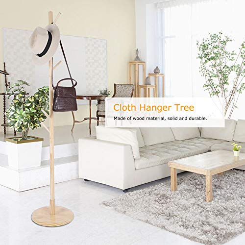 Oumij Cloth Hanger Tree, Assembled Wooden Coat Hat Stand Tree Suitable for Hanging Coat, Cloth, Hat, Bags, Scarf at Home or Office(Wooden Color)
