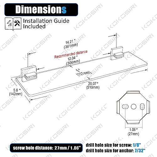 KOKOSIRI Wall Shelves Floating Bathroom Glass Shelf Kitchen Storage, 20'' x 5.6'' Tempered Glass Wall Mounted Brushed Gold Stainless Steel B1106B