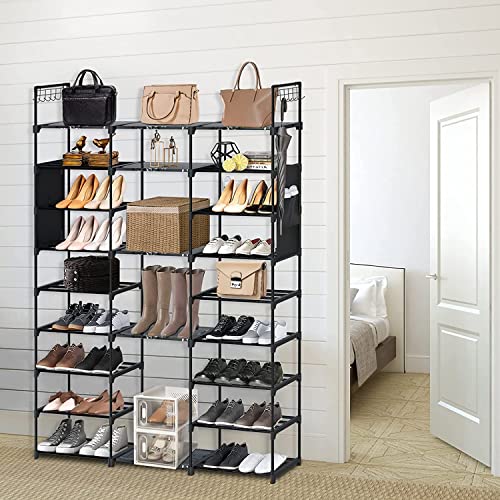 Free-Standing Shoe Rack Organizer, Garage Shoe Storage Organizer with Side Hooks & Pockets, Metal Shoe Rack for Garage, Entryway, Holds 50 Pairs