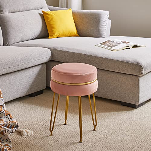 IBUYKE Modern Velvet Round Footstool, Vanity Chair for Makeup Room, Vanity Stool Foot Rest with Gold Legs, Modern Accent Stools for Bedroom, Livi
