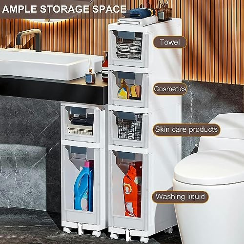 OPSREY Bathroom Floor Cabinet with Drawers Narrow Tall Floor Storage Drawer Cart with Clear Storage Drawers and Casters Large Capacity Slim Toile