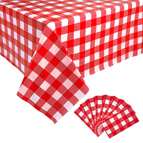 Kesfey 8 Pack Red Gingham Plastic Tablecloths 137x274cm, Disposable Checkered Rectangle Tablecloth, Waterproof and Spillproof Table Covers for Pa