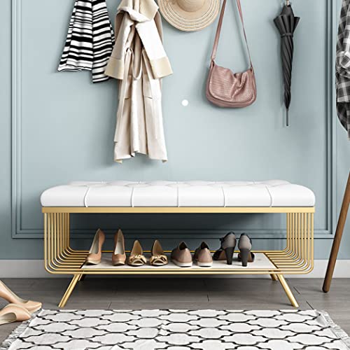 Upholstered Bench, Shoe Bench with Shoe Shelf, Bedroom Stool, Steel Frame, Synthetic PU, Golden Metal Legs, for Living Room Entryway Indoor Vanit