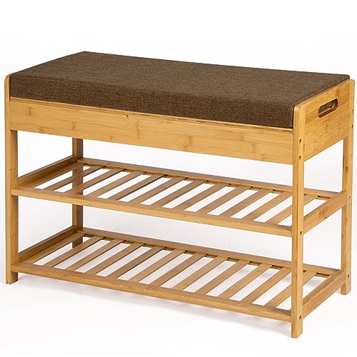 Moyilife Bamboo Shoe Rack Bench, 3 Tier Shoes Storage Bench for Entryway Living Room Bathroom Bedroom (Natural Color)