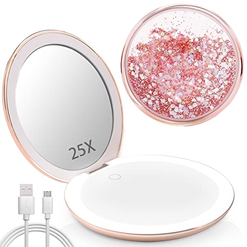 MIYADIVA Compact Mirror with Lights,1x/25x Magnification Travel Makeup Mirror,Handheld Magnifying Mirror,Vanity Mirror with Lights,Gift for Your