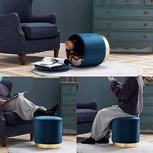 HNNHOME 37cm Round Velvet Ottoman Storage Box with Lid, Pouffe Seat Chair, Living Room Footstool, Bedroom Dressing Stool with Gold Plating Base (