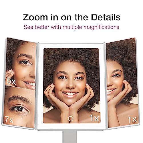 Fancii Large Makeup Mirror with Natural LED Lights, Lighted Trifold Vanity Mirror with 5x & 7x Magnifications - Dimmable Lights, Touch Screen, Co