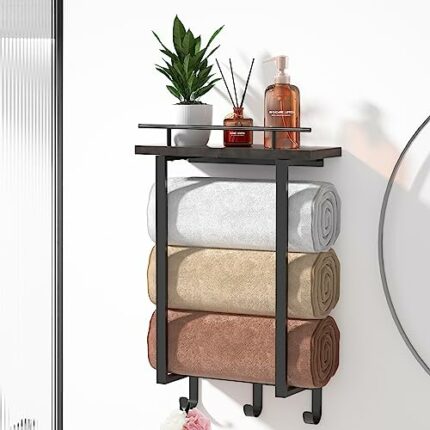 Towel Racks for Bathroom Wall Mounted, Cinati Metal Bath Towel Holder with Wood Shelf and 3 Hooks, Towel Storage for Small Bathroom Decor or RV,