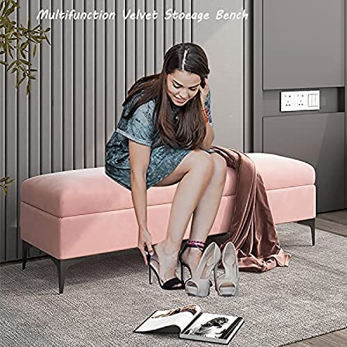 storage bench, velvet upholstered footbed bench, premium locker bedroom bench with storage, hallway shoe bench,Khaki,60x40x43cm(24x16x17inch)