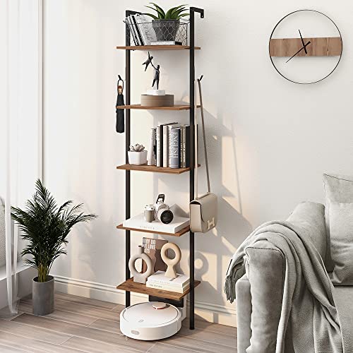 VEDECASA 5 Tiers Bookshelf Wall Mounted Industrial Ladder Shelf Bookcase with Wood and Metal Frame Open Display Shelves for Home Office Living Ro
