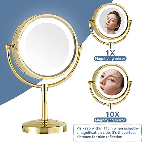 DOWRY Magnifying Mirror with LED Lights 10x Gold Illuminated Shaving Mirror Free Standing Mirror for Dressing Table 360 ° Rotatable Double Sided