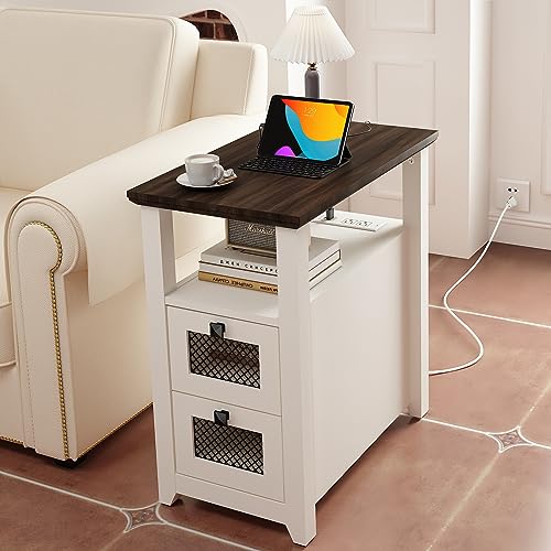 HDDDZSW Farmhouse XXL End Table with Charging Station, Narrow Side Table with USB Ports and Outlets, Nightstand with 2 Drawers Storage, Bedside T