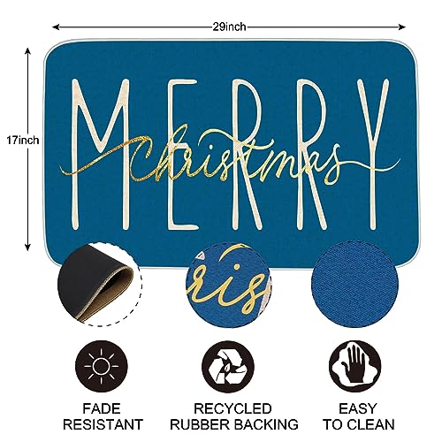 ONWAY Merry Christmas Doormat, Blue Gold Winter Seasonal Door Mat Christmas Holiday Low-Profile Floor Rug Switch Mat for Indoor Outdoor 17.5 x 29