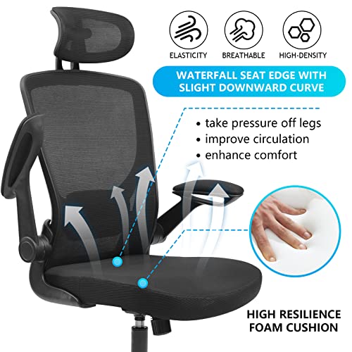 KERDOM Ergonomic Office Chair, Breathable Mesh Desk Chair, Lumbar Support Computer Chair with Headrest and Flip-up Arms, Swivel Task Chair, Adjus