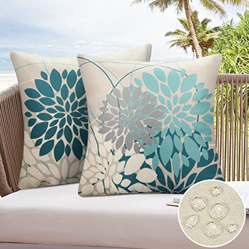 Cushion Covers 40CM X 40CM Blue Green Flower Pattern Pillow Cover Grey Cushions Summer Spring Waterproof Cushions Pillow Case 16X16 Decorative Co