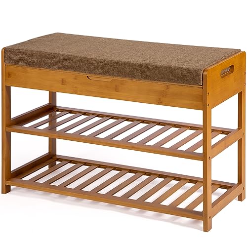 Moyilife Bamboo Shoe Rack Bench, 3 Tier Shoes Storage Bench for Entryway Living Room Bathroom Bedroom (Natural Color)