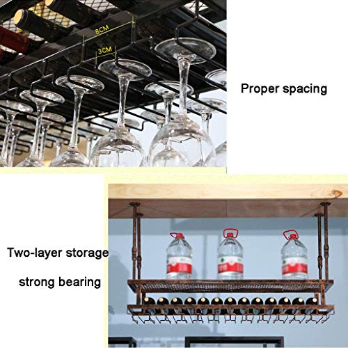 EYLINK Wine Racks,Cafe Hanging with Glass Holder and Shelf, Adjustable Metal Ceiling Bar Wine Glass Rack, 2-Layer Industrial Iron Bottle Holder W