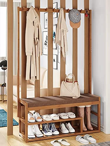 Clothes rack bamboo, coat rack with bench, clothes rack with 5 hooks and shoe rack, multi-purpose open clothes rail wood for hallway living room,