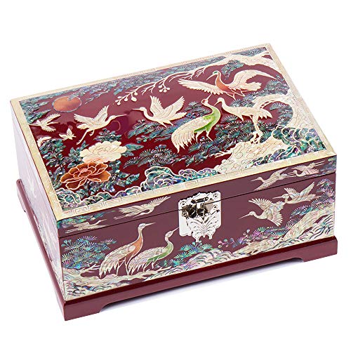 Mother of Pearl Crane Bird and Pine Tree Design Purple Wooden Jewellery Drawer Mirror Trinket Keepsake Treasure Gift Asian Lacquer Box Case Chest