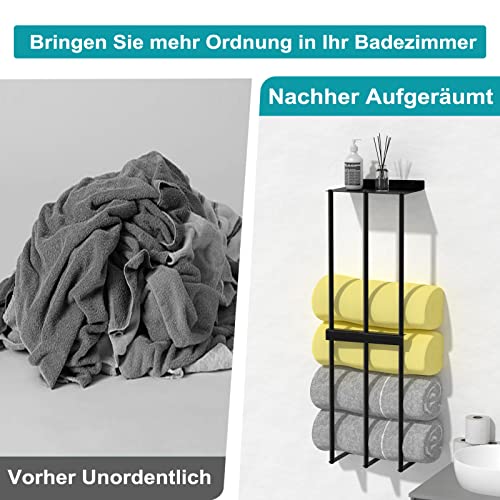 BARONAGE Towel Storage Wall Mounted, Bath Towel Rack 75cm High Capacity Towel Holder 3 Bar Rail for Rolled Salon Towels Bath Sheets - Black