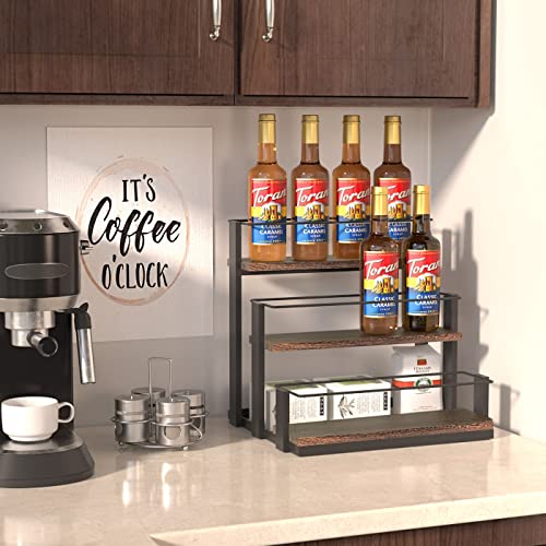 J JACKCUBE DESIGN 3 Tier Syrup Bottle Storage Rack, Rustic Wood and Metal Wire 12 Bottles Compartment Display Organizer Holder Stand for Syrup, W