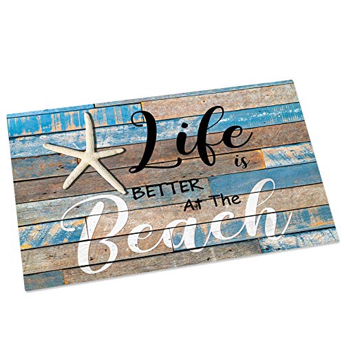 Life is Better at The Beach Starfish Indoor Doormat Front Door Mats, Water Absorbent Non Slip Entrance Rugs, Rustic Wood Grain Floor Bath Rug for