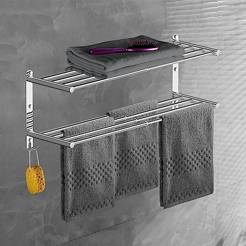 HONPHIER Towel Rails Wall Mounted Chrome 2 Tier Adjustable Towel Bars Stainless Steel Towel Rack With Hooks 43-78CM Towel Shelves for Kitchen Bat