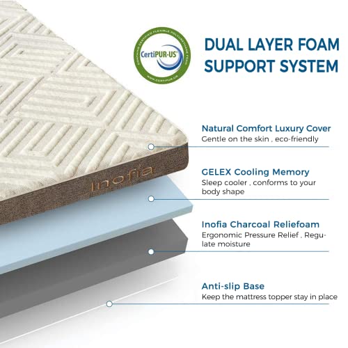 Inofia Gel Memory Foam Mattress Topper Double Bed, 3 Inch Foam Topper with Breathable Cover, Washable & Removeable, Dual Layer Support for Natura