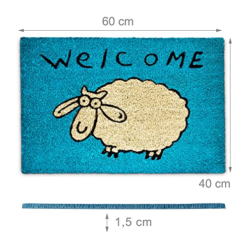Relaxdays Coconut Fibre SHEEP Doormat 40 x 60 cm Coir Welcome Mat with No-Slip Rubber PVC Underside, Blue