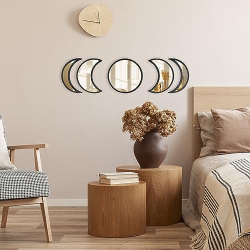 SHMITBERG Moon Phase Mirror Set -100% Real Glass - Engineered Wood (MDF) Black Frame - Moon Phase Mirror Wall Decor (Black) - Scandinavian Boho W