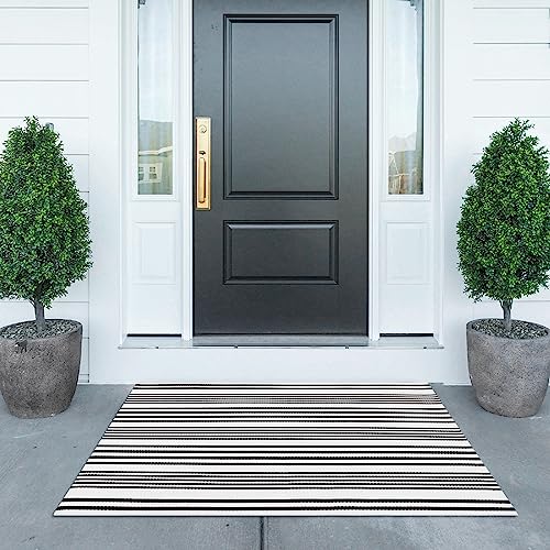 Collive Fall Door Mat Black and White Striped 24"x51",Washable Front Porch Rug,Halloween Decorations Outdoor,Farmhouse Cotton Hand-Woven Layered