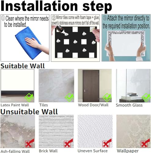 Meetart Full Length Mirror Tiles,Crystal Crush Diamond Full Body Wall Mirror,14''x11'' 4PCS Glass Frameless Make Up Mirror for Home Decor,Room De