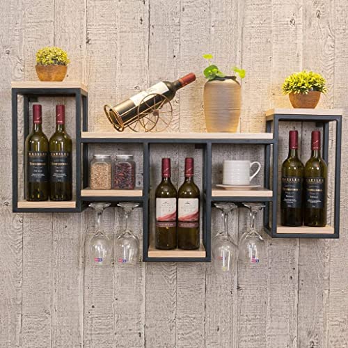 EMISOO Iron Wood Combined Wine Racks Wall Mount, Wall Unit Storage Organizer Shelf, Vintage Wine Bottle Holder Wine Goblet Stemware Holder for Ki