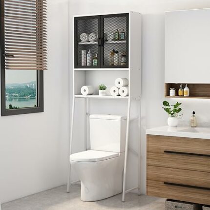 ZZQXTC Over The Toilet Storage, Bathroom Organizer Above Toilet, Wood Metal Bathroom Space Saver Stand Behind Toilet, Storage Cabinet with Doors