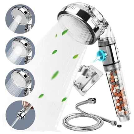 YIBAYUQI Ionic Shower Head, Handheld High Pressure Water Saving,4 Modes Filter Showerhead, with Shower hosepipe and Holder, Suitable for Dry Skin